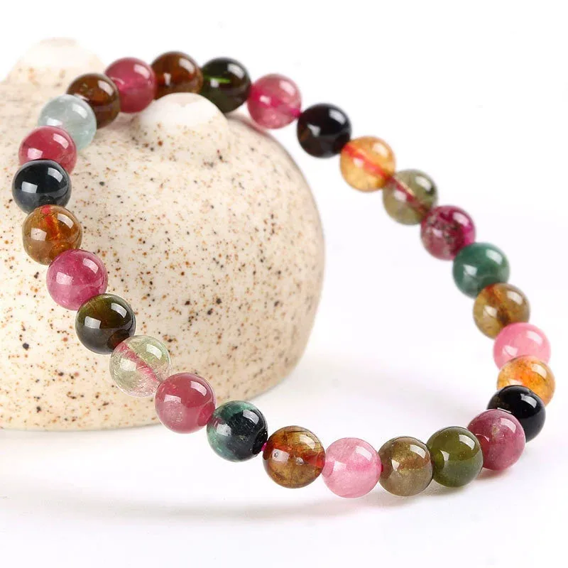 Natural Colorful Rainbow Tourmaline Clear Round Beads Bracelet Brazil 6mm 7mm 8mm 9mm Candy Tourmaline Women Men AAAAAAA