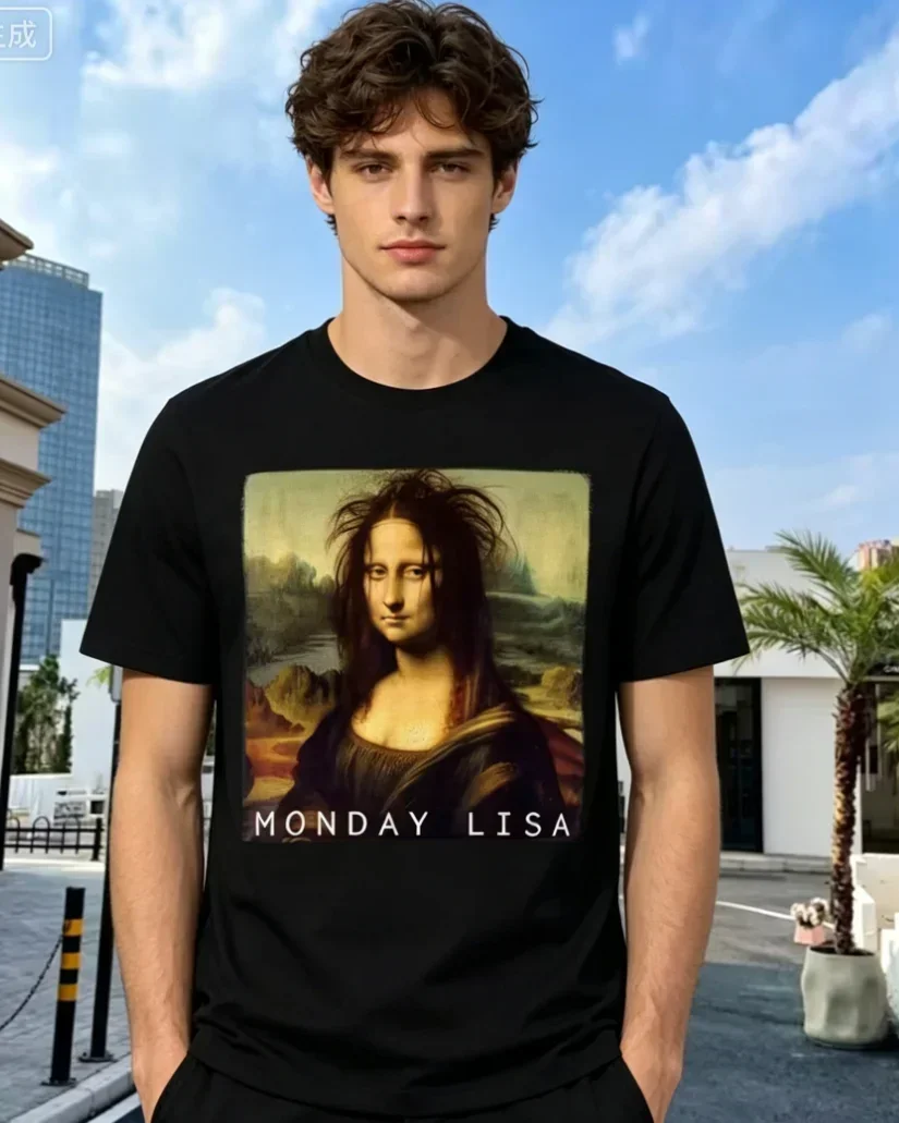 Monday Lisa Art Print T Shirt Black Mona Lisa Portrait with Text Monday Lisa for Casual Wear and Lovers Soft Comfortable Fit Top
