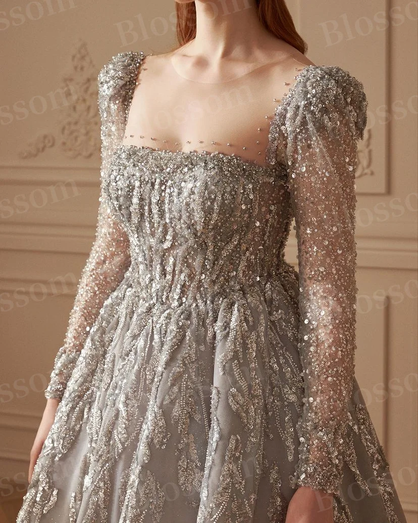 Grey Sequins Beaded Luxury Evening Dresses For Prom 2024 Long Sleeves A-line Formal Wedding Party Gown Bridal Engagement dress