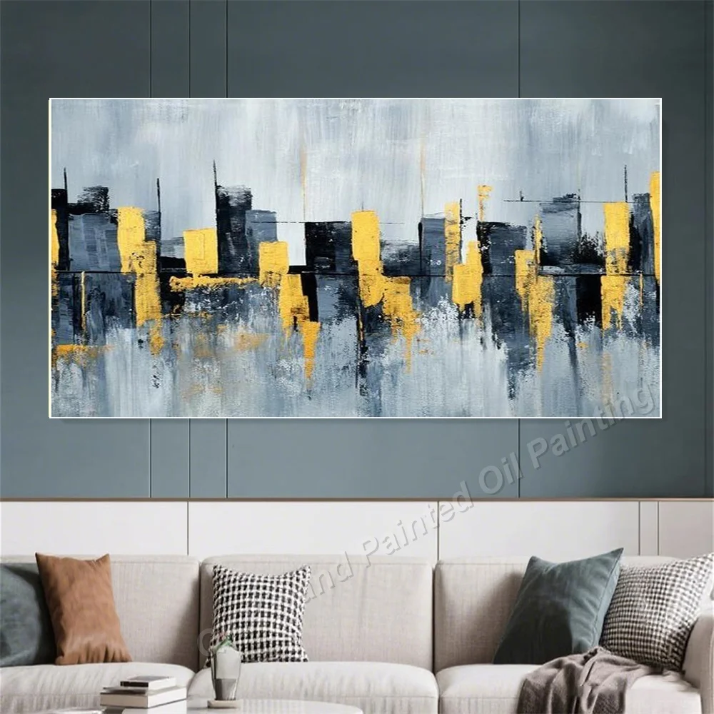 Hand-Painted Oil Painting on Canvas Wall Art Decor for Living Room, Modern Luxury Color Block Urban Building Textured Wall Art