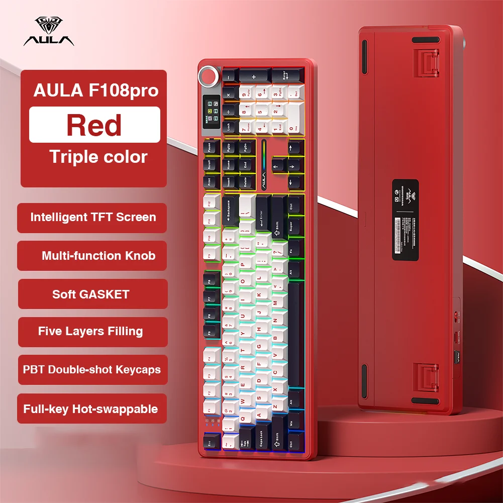 Teclado sem fio Bluetooth AULA F108 pro 2.4G, teclado gamer com macros, hot-swap, tamanho completo, com tela inteligente TFT.
