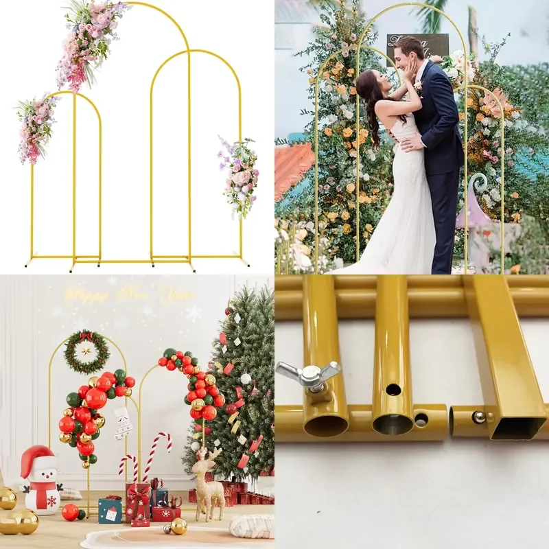 3Pcs Wedding Arch Background Frame Set for Floral Decoration Gold Metal Bracket Outdoor Party Balloon Arch
