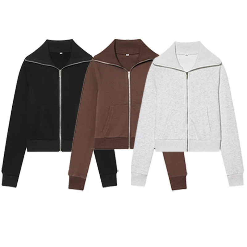 HXAO Fleece Sweatshirt Women's Jacket Cropped Grey Black Brown Jacket Woman Outerwears Long Sleeve Short Woman's Sports Jacket