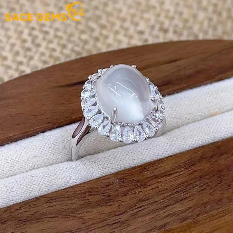 

SACEGEMS Fashion Resizable10*12MM Natural Moon Stone Rings for Women 925Sterling Silver Wedding Party Fine Jewelry Festival Gift