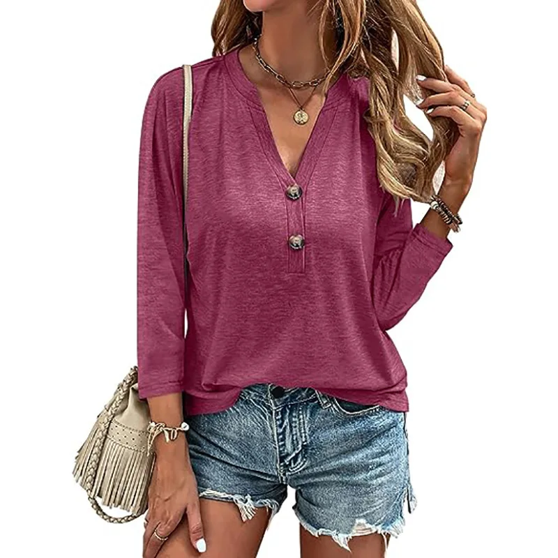 Women's Loose Solid Color V-neck Button Seven Quarter Sleeved T-shirt Top