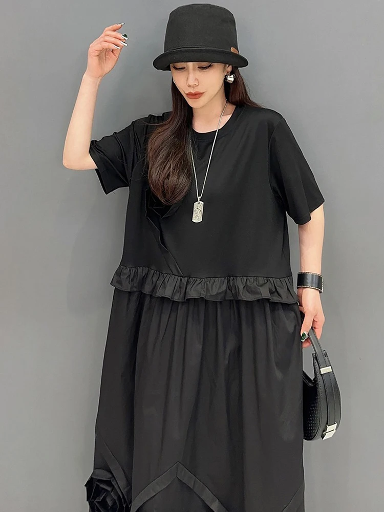 XITAO Three-dimensional Decoration Flounced Edge Dresses Solid Color O-neck Pullover Short Sleeve Dress 2024 Summer New ZY8668