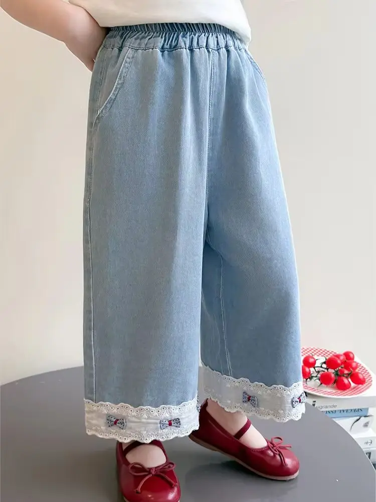 

Cute Girls Wide Leg Jeans Elastic Waist Bow Lace Patchwork Summer Thin Denim Pants Toddler Girls Loose Casual Pants