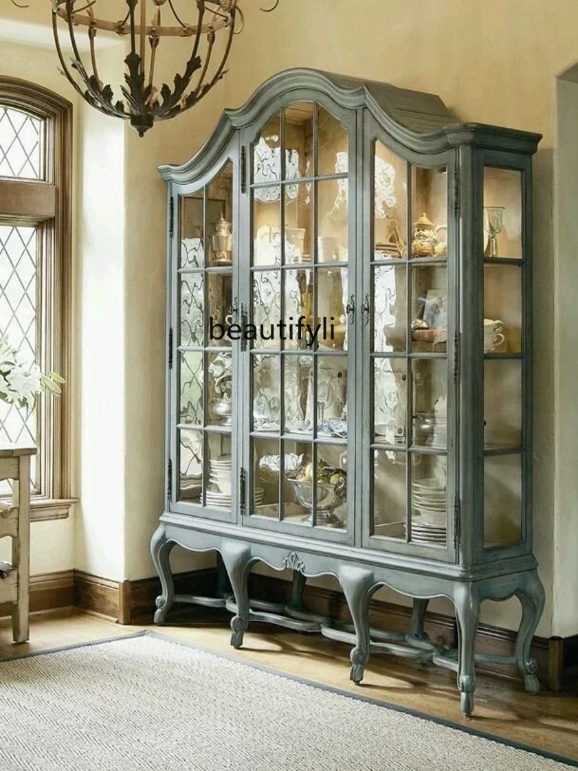 American French solid wood curved glass living room decorative cabinet retro display, carved carved bookcase