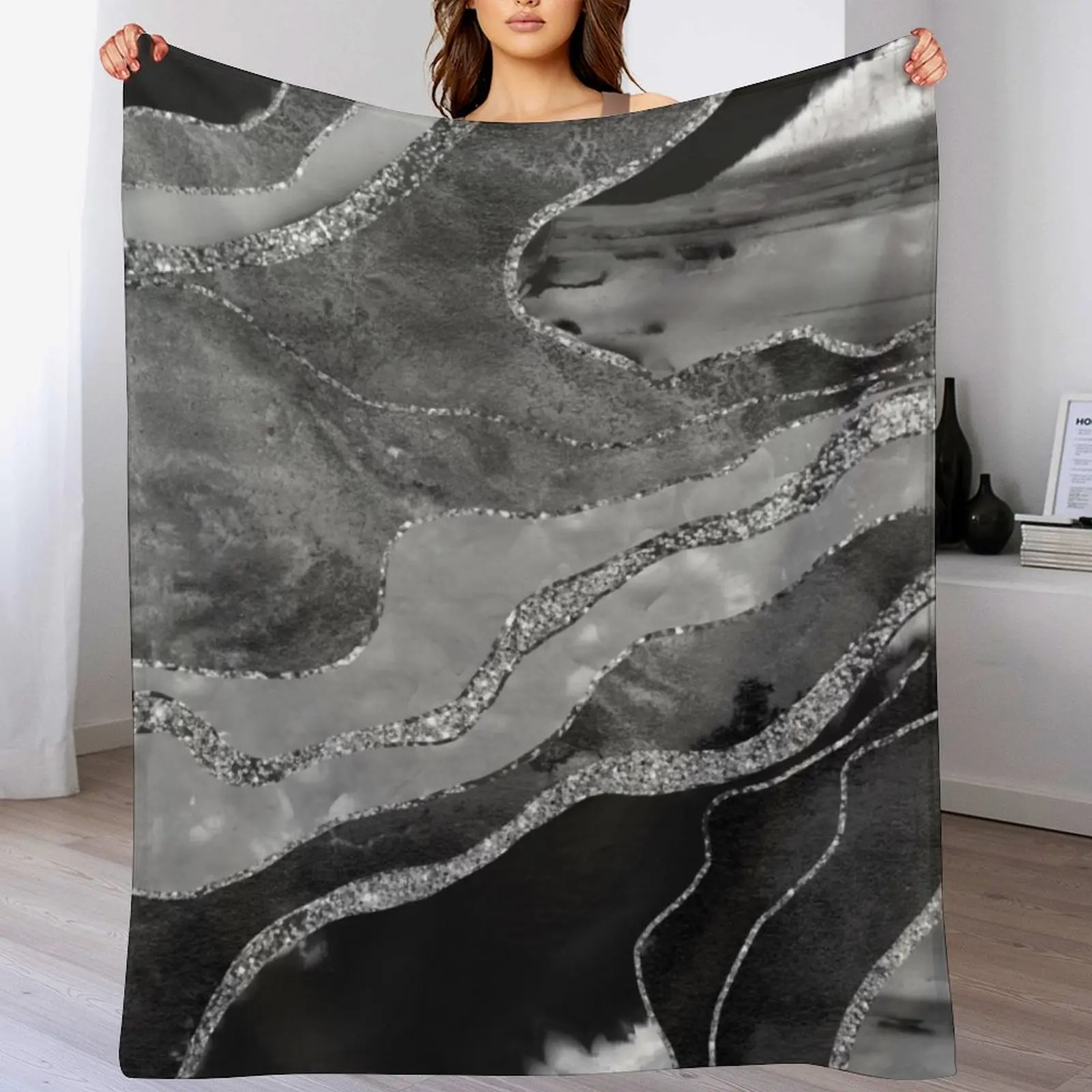 

Gray Black White Marble Agate Silver Glitter Glam #1 (Faux Glitter) #decor #art Throw Blanket Summer Beddings bed plaid Blankets