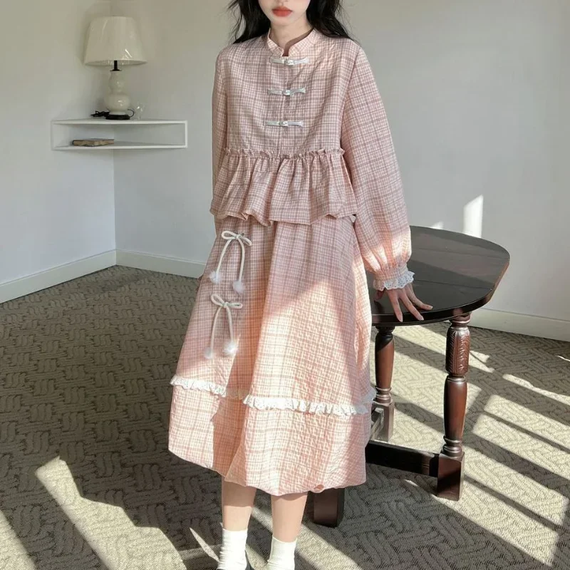 Sweet Girls Pink Plaid A-line Skirts Women Vintage Long-sleeved O-neck Ruffle Tops with Kawaii High Waist Bow-tie Skirt Suits