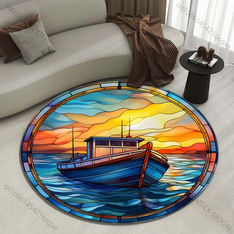 

Круглый декоративный ковер с принтом «Солнечный закат над лодкой» в стиле витражной живописи, для гостиной, спальни, под стол, стул, диван, в различных размерах