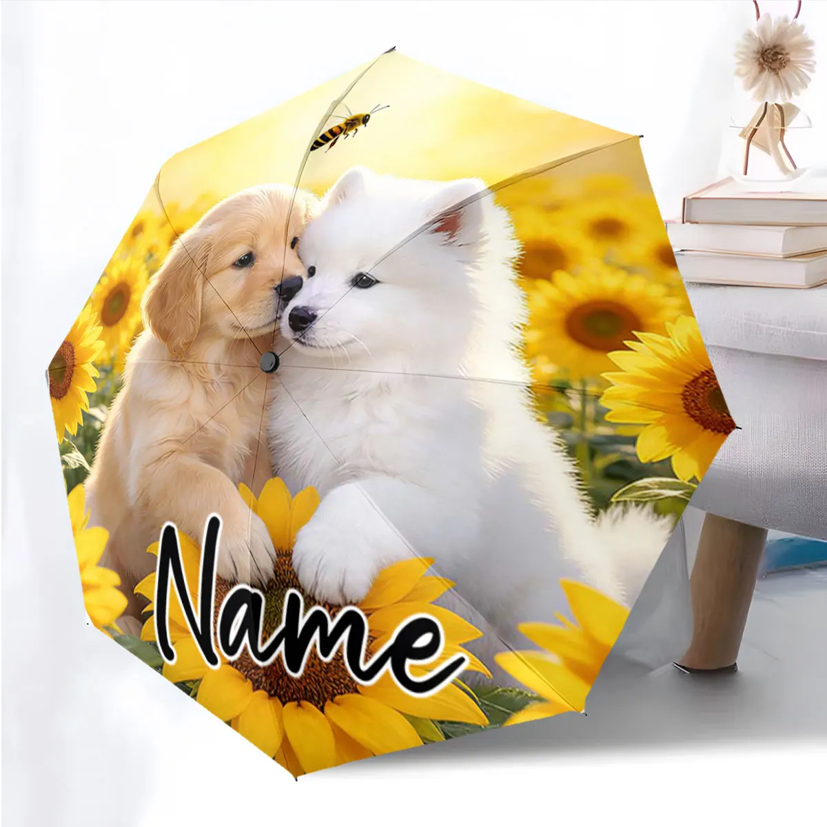 Custom Name Golden Puppies and Sunflowers Adorn the Umbrella Print 8 Iron Ribs Folding Umbrella Auto-Open Fashion Sunshade