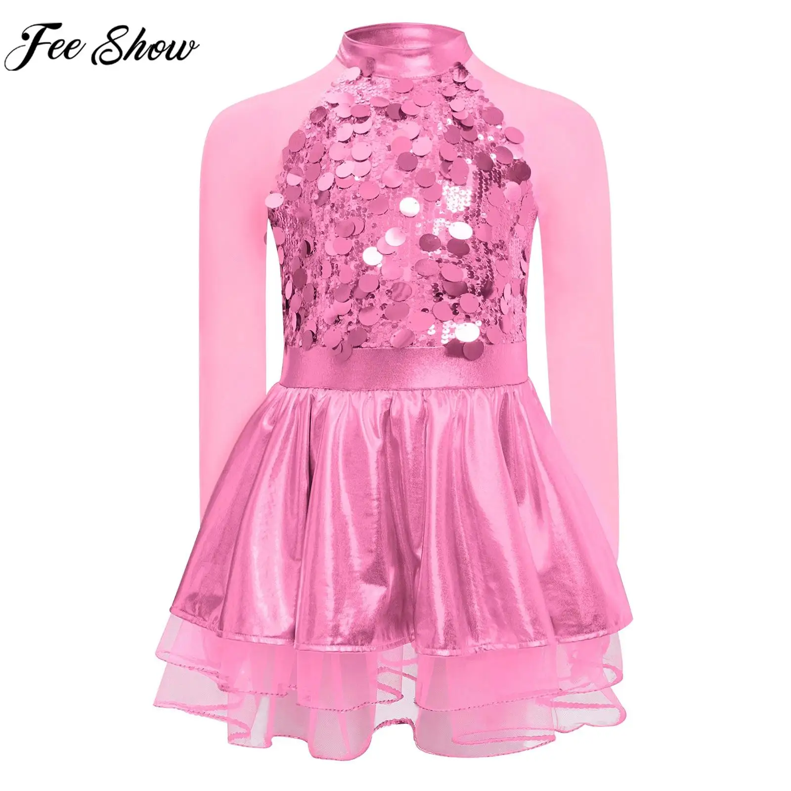 Kids Girls Jazz Dance Costume Sheer Mesh Long Sleeve Metallic Shiny Sequins Tutu Dress Leotard for Ballet Skating Gymnastics