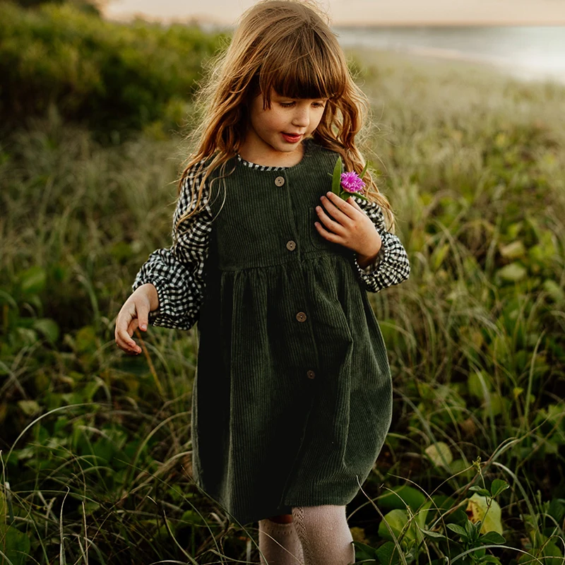 Girls Button Up Corduroy Pinafore Dress Vintage Autumn New Children\'s Round Neck Casual Loose Sleeveless A-Line Dresses TZ355