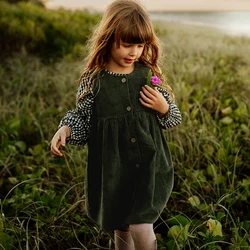 Girls Button Up Corduroy Pinafore Dress Vintage Autumn New Children's Round Neck Casual Loose Sleeveless A-Line Dresses TZ355