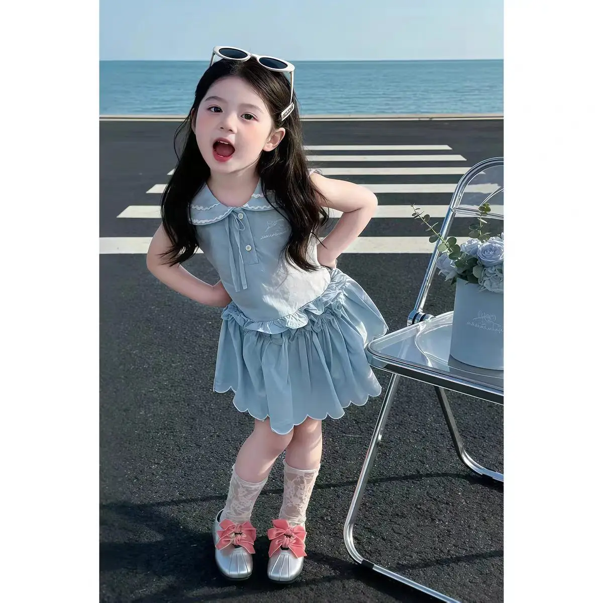 

Girls Peter Pan Collar Sleeveless Dress Cute Lace Trim A-Line Sundress with Bow Embroidery Light Blue Summer Outfit for Toddlers