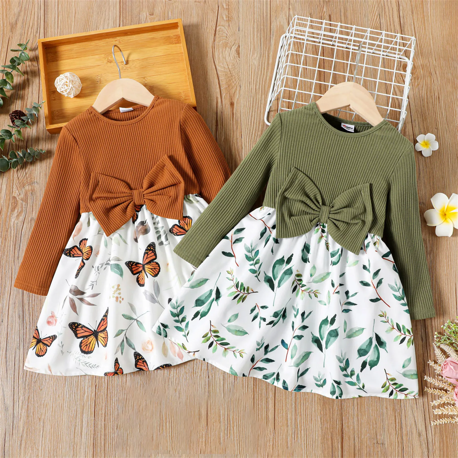 PatPat Toddler Girl Dress Floral Leaf / Butterfly Print Splice Bowknot Design Long-sleeve Dress for Girl