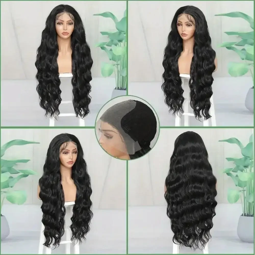 Body Wave 13x6 Lace Front Synthetic Middle Part Long Curly Wig For Women 32 Inch Natural Black Transparent Lace Wig Daily Use