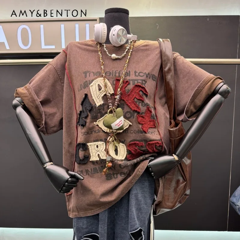 

2026 Spring summer New Fashion Premium Applique Letter Short-sleeved T-shirt Ladies Loose Fit Casual Versatile Pullover Top Tees