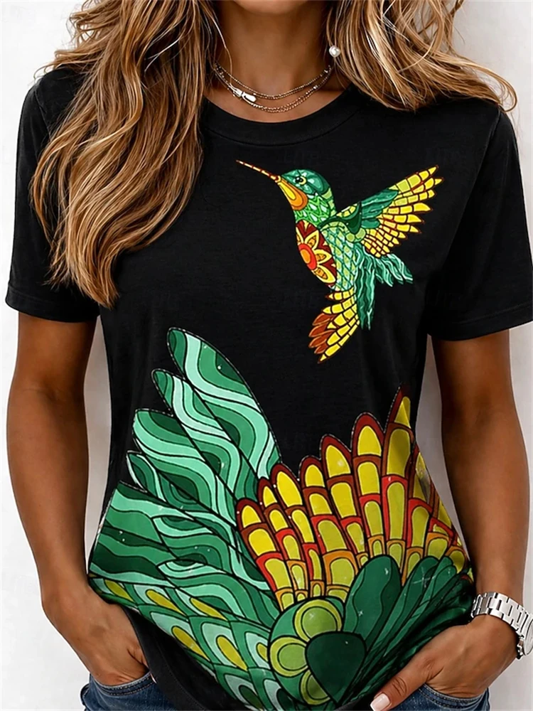 Women's Casual Round-Neck T-Shirt with “Peace and Unity” Handshake Print Retro Short-Sleeve Loose and Comfortable Top