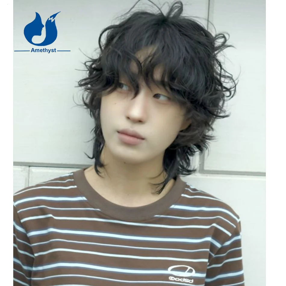 

Аметист, предварительно выщипанный волнистый черный короткий парик из человеческих волос для мужчин, полный парик шнурка, бразильский парик из волос Remy, полный парик шнурка с челкой