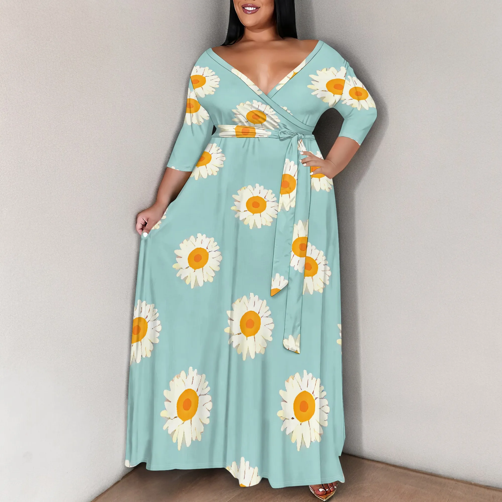 Plus Size White Daisy Print Green Off Shoulder Maxi Dress Summer Vacation Dress