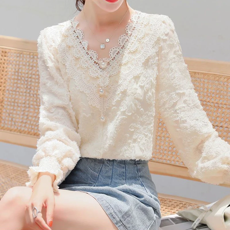 2023 Autumn Winter Women Lace Beaded Chic Sweet Fairy Blouses Fashion Elegant Solid Plush Shirts Female V Neck Long Sleeve Tops