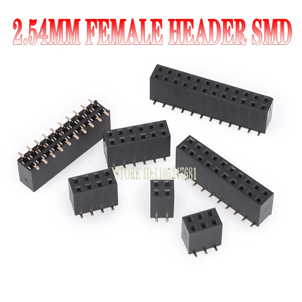 2/10Pcs SMD/SMT Double Row Female Header 2.54mm Pitch 2×2/3/4/5/6/7/8/9/10/12/16/20/40Pin Strip Connector for PCB