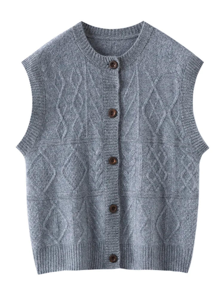 

Женский вязаный жилет из чистой шерсти, новинка 2024 года, осенне-зимняя верхняя одежда, круглый вырез, свитер-кардиган без застежки, утепленный