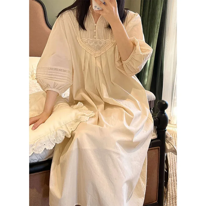 Loose Robe Victorian Nightgowns Vintage Pure Cotton Long Night Dress Princess Sleepwear Nightdress Women Spring Autumn Nightie