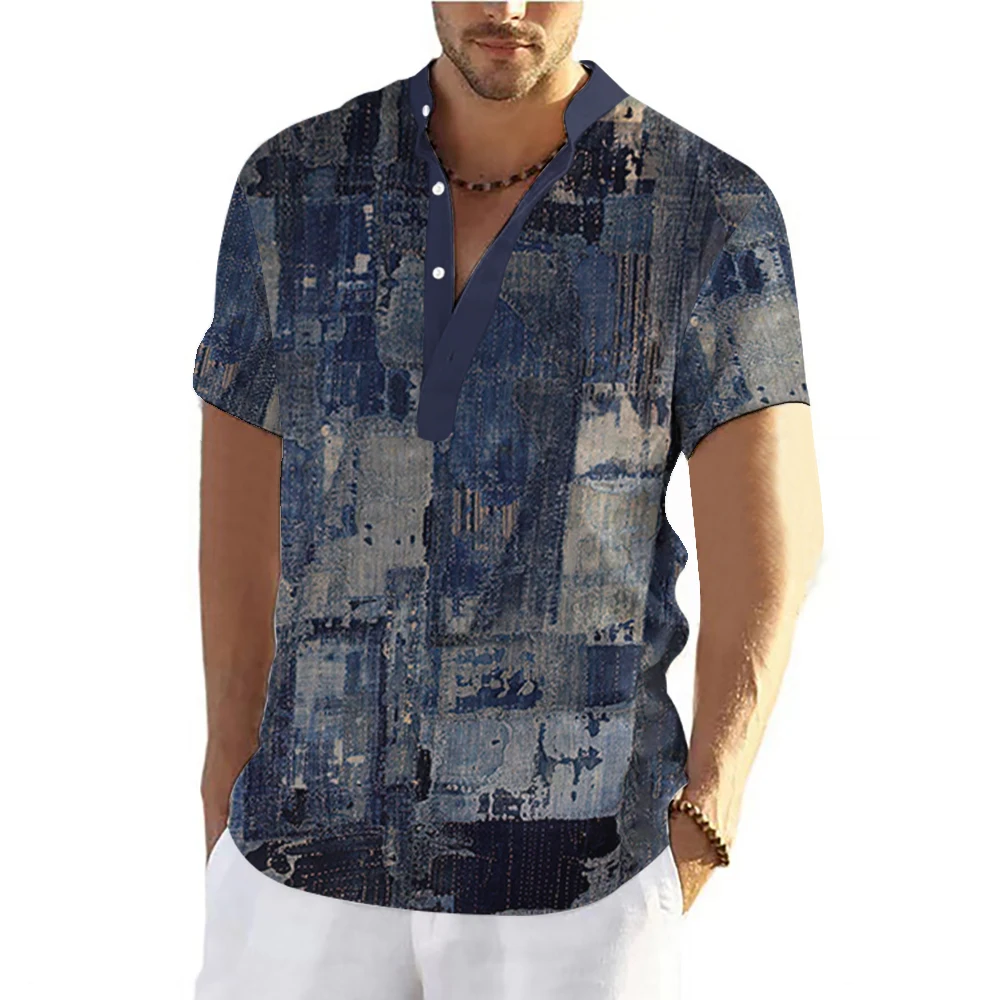 Color Block Patchwork 3D Print Henley Shirts Men\'s Vintage Button Stand Collar Short Sleeve T Shirt Male Tees Tops Man Clothing