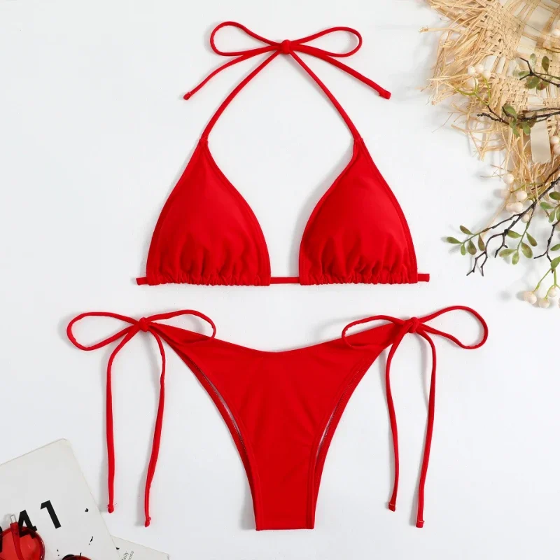 Sexy women thong solid color bikini set side halter tie swimsuit ladies split strap adjustable Brazilian swimwear beachwear