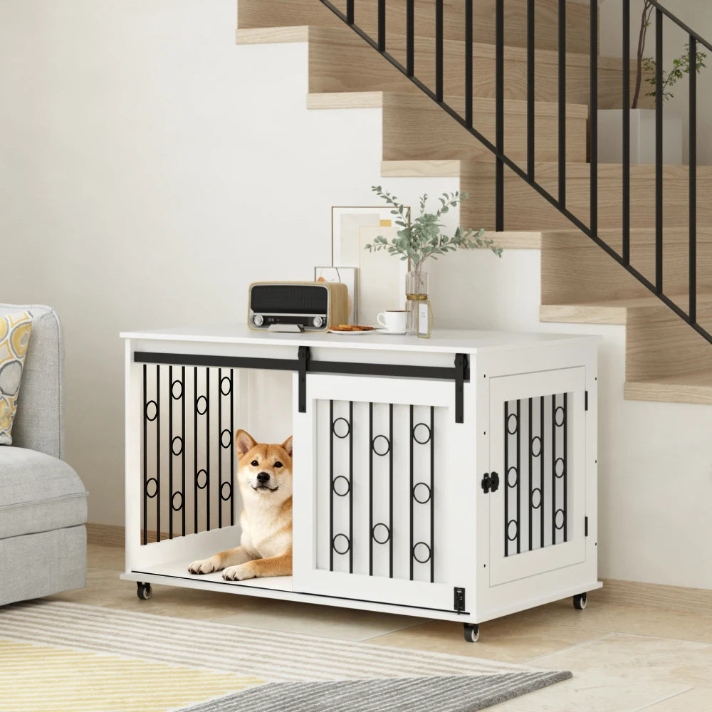 Modern Wooden Dog Crate Furniture with Sliding Barn Door and Side Door, Indoor Dog Kennel End Table for Small to Medium Dogs