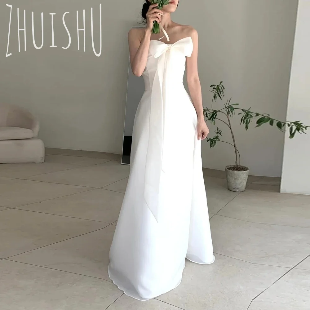 

ZHUISHU Простое свадебное платье трапециевидной формы с бантом без бретелек длиной до пола, из органзы цвета слоновой кости, корейское свадебное платье для фотосессии по индивидуальному заказу