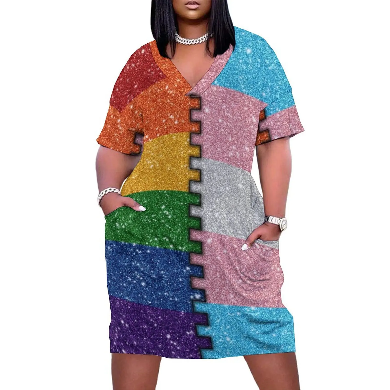 

Faux Glitter LGBTQ Rainbow and Transgender Pride Merge Flag Background Loose Pocket Dress dress summer long sleeve dress