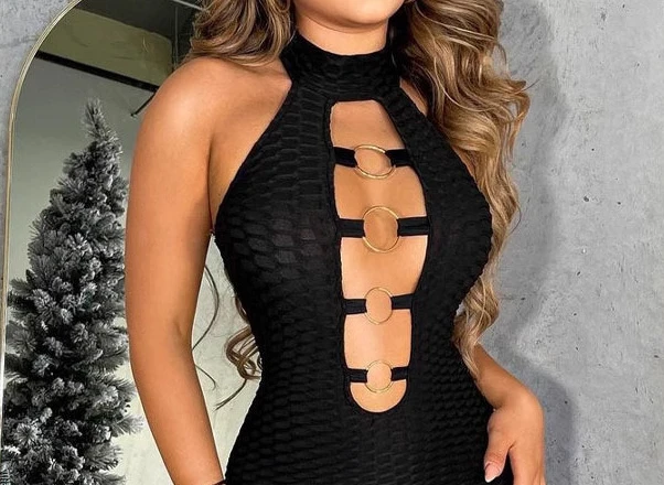 Dames halterneck uitgehold slanke mini-jurk mouwloze bodycon slanke sexy skinny jurk zomer zwart