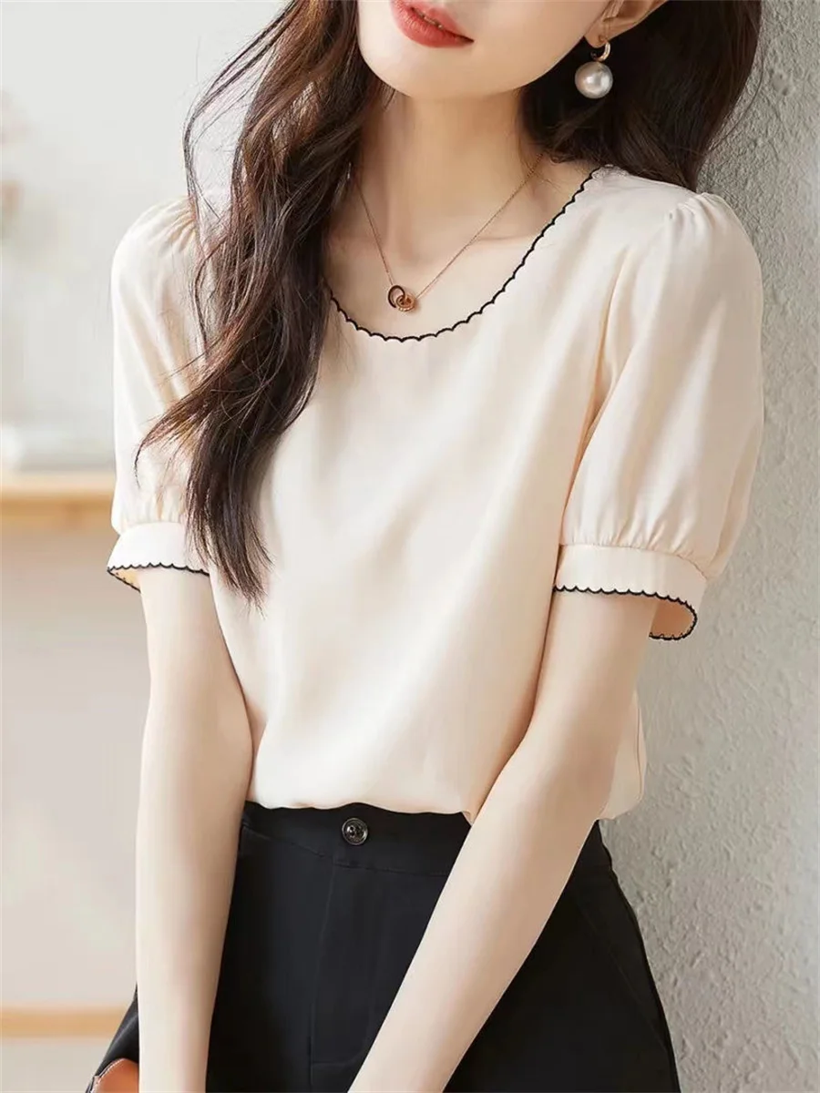 Women Summer Style Chiffon Blouses Tops Lady Casual Short Puff Sleeve O-Neck Solid Color Blusas Tops ZZ1439