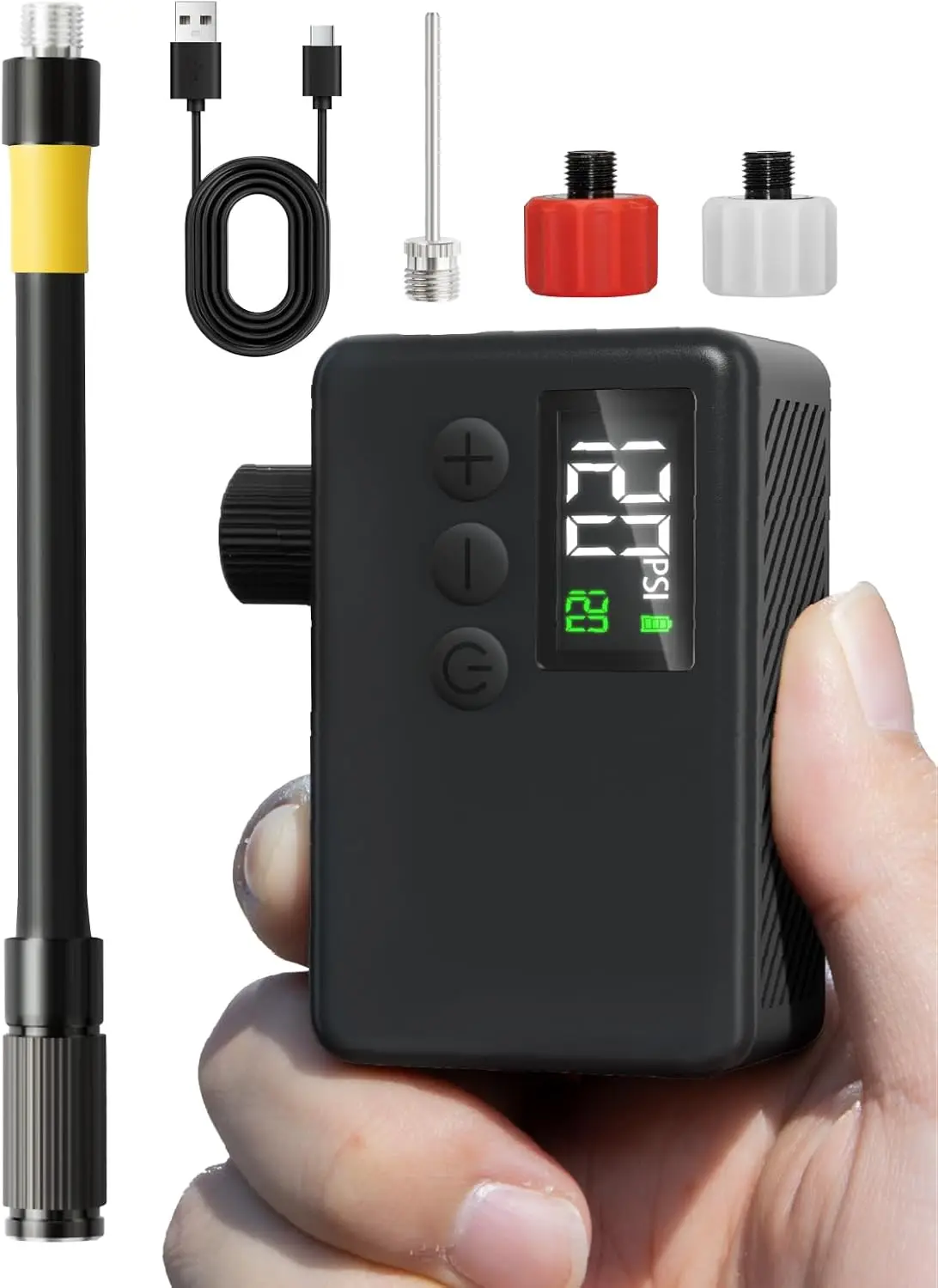

Portable Electric Bike Pump: Fast Inflate for Presta/Schrader Valves, 120 PSI with Digital Gauge