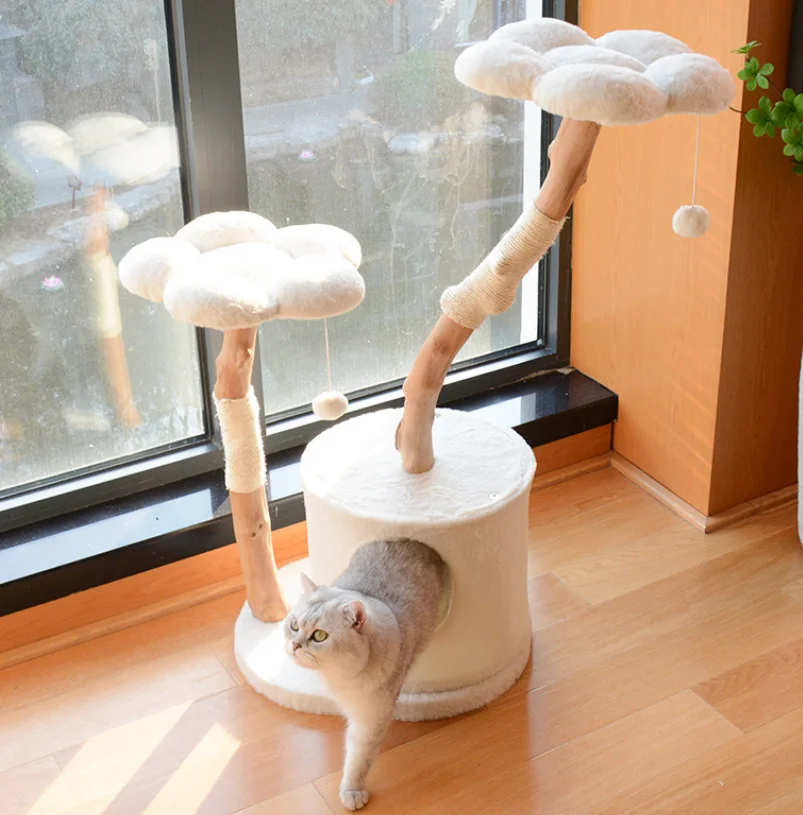 Cute Wood Cats Trees Cute Flower Shape Cat Scratching Tree Cat Climbing Frame Natural Branch Cat Condo Pet Supplies