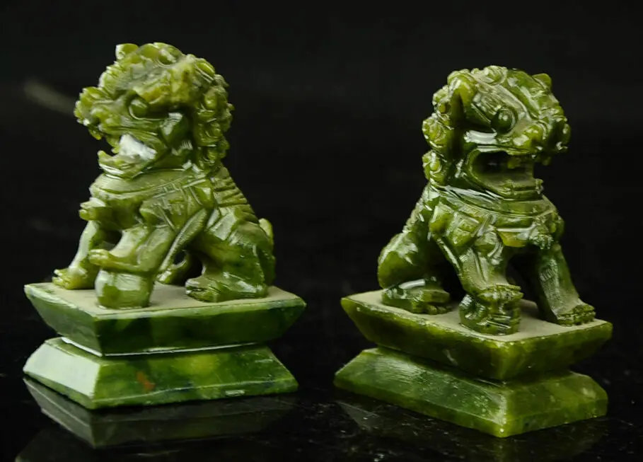 Rare A pair of 100% China natural green jade hand-carved statues fo dog lion