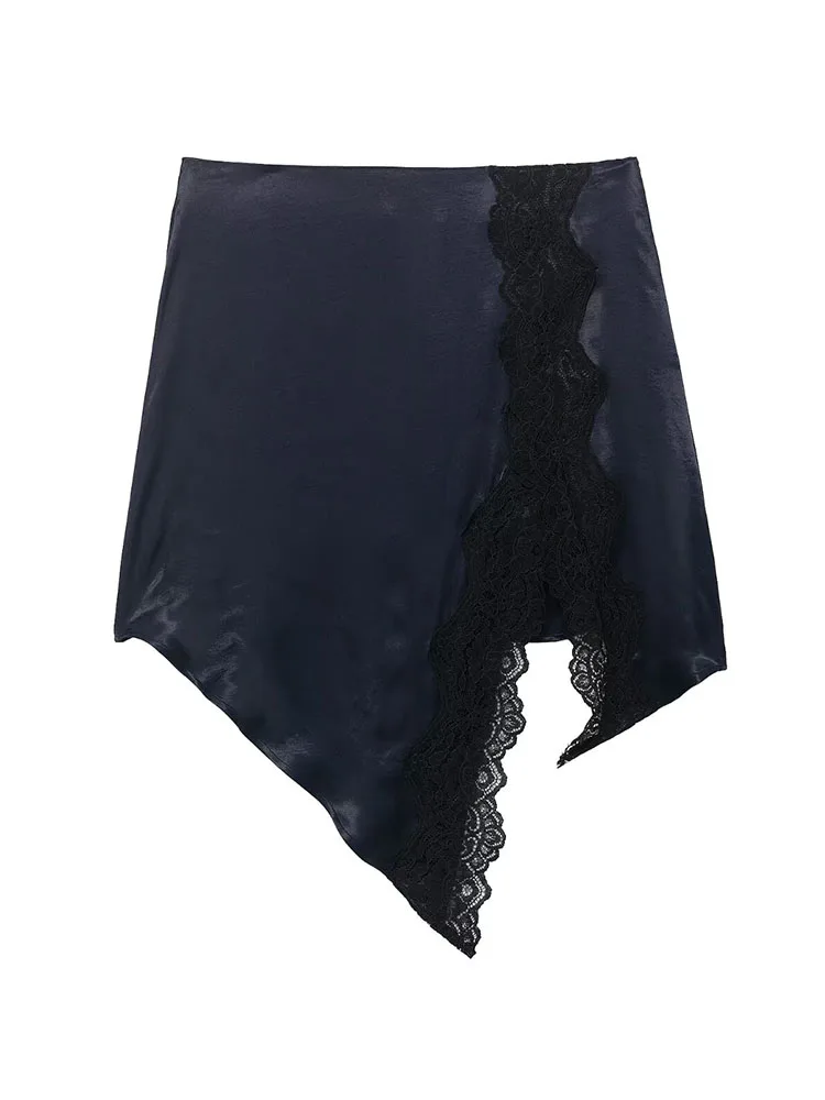 HH Women Fashion Versatile Personalized Splicing Lace Silk Satin Texture Skirt Female High Waist Sexy Asymmetric Hem Skirt Mujer