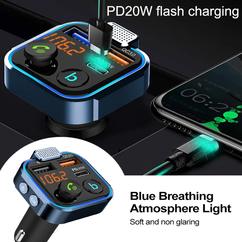 Car Bluetooth 5.0 FM Transmitter Audio Adapter One Key Bass Mp3 Player Large Microphone USB Music Play QC3.0 PD20W Quick Charger