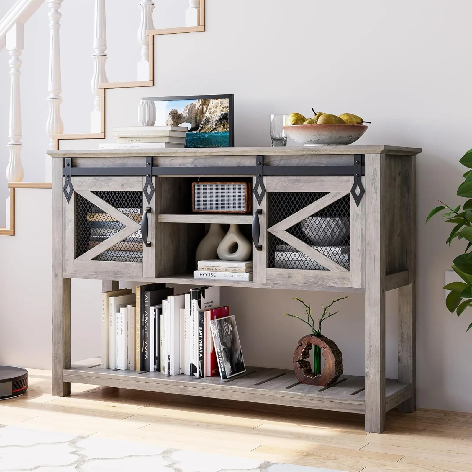 

US Farmhouse Entryway Table with Sliding Barn Doors, Sofa Table with Storage and Open Shelf, Console Tables for