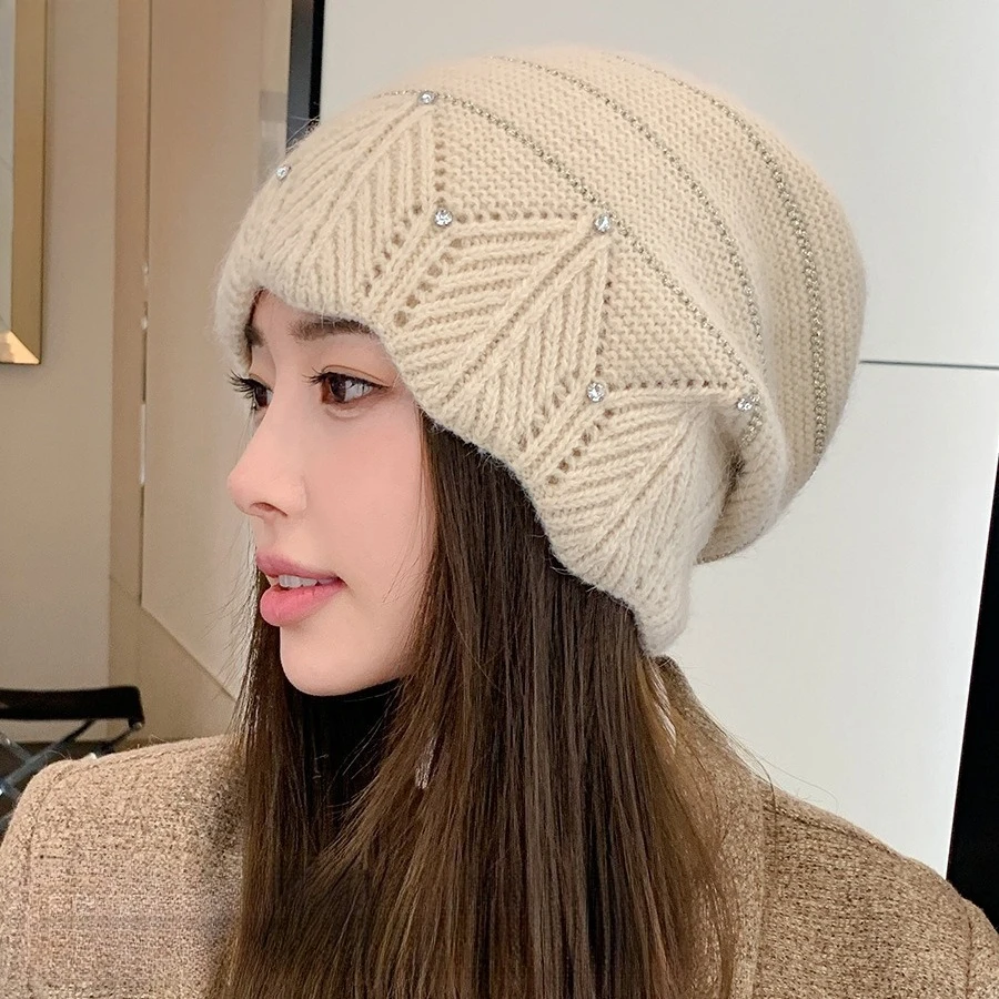Light Luxury Elegant Lace Diamond Rabbit Hair Hat Women's Korean Temperament Versatile Face Small Fleece Knitted Stacking Hat