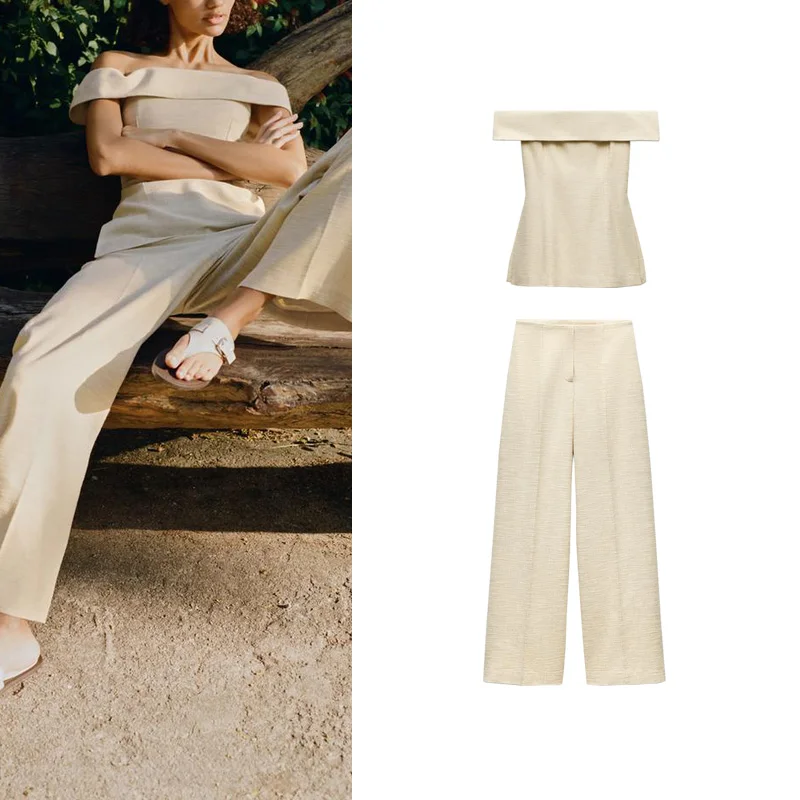 Lente nieuwe veelzijdige rechte kraag zijsplit oulder ontbloot top hoge taille wijde pijpen broek faionable damesset