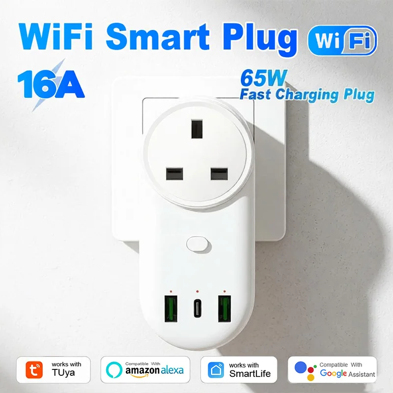 16A Tuya WiFi Smart Socket With 2 USB Charging Ports Outlet Adapter Smart Plug Works with Alexa Google Home EU US Brazil Israel