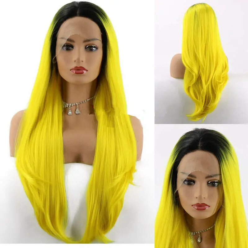 Long Dark Roots Yellow Straight Lace Front Wig T Part  Wigs Synthetic