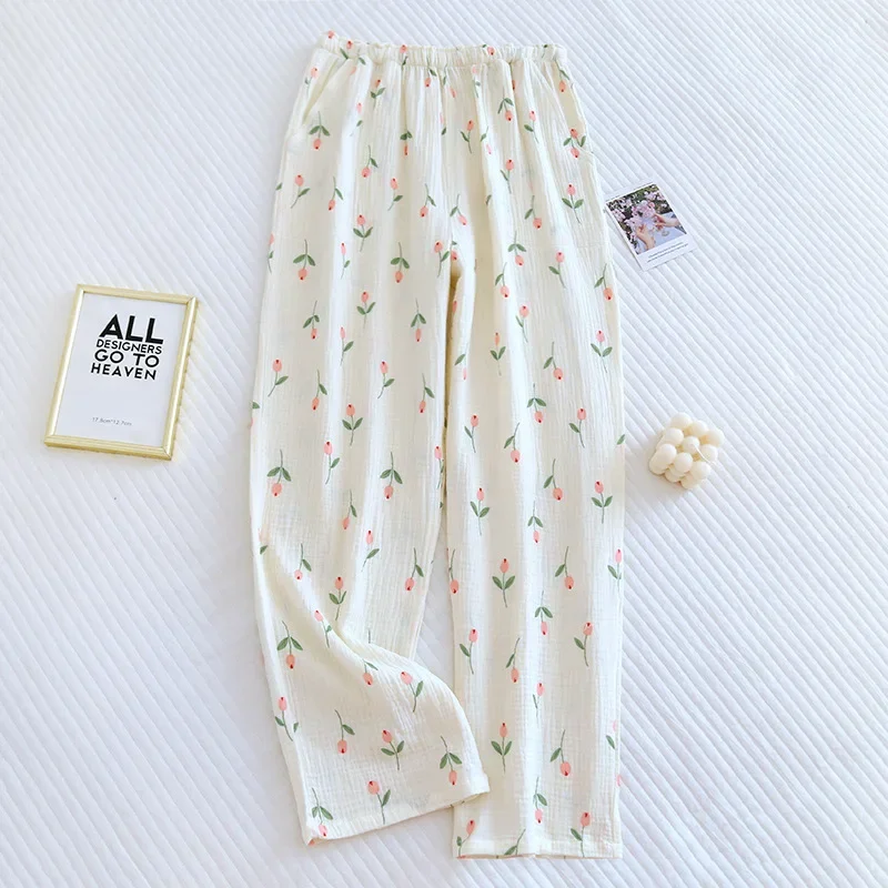 2024 Japanese Spring/Summer New Women\'s Pajama Pants 100% Cotton Crepe Pants Sweet and Cute Pajama Ladies Loose Home Pants