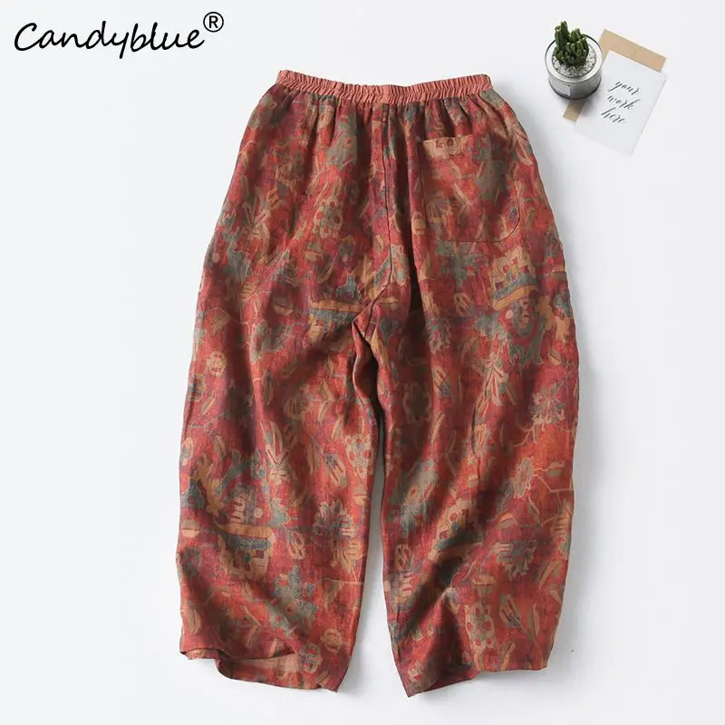 Trousers Women\'s 2023 Summer Contrast Vintage Printing Loose Elastic Waist Casual Personalized Versatile Casual Pants For Women