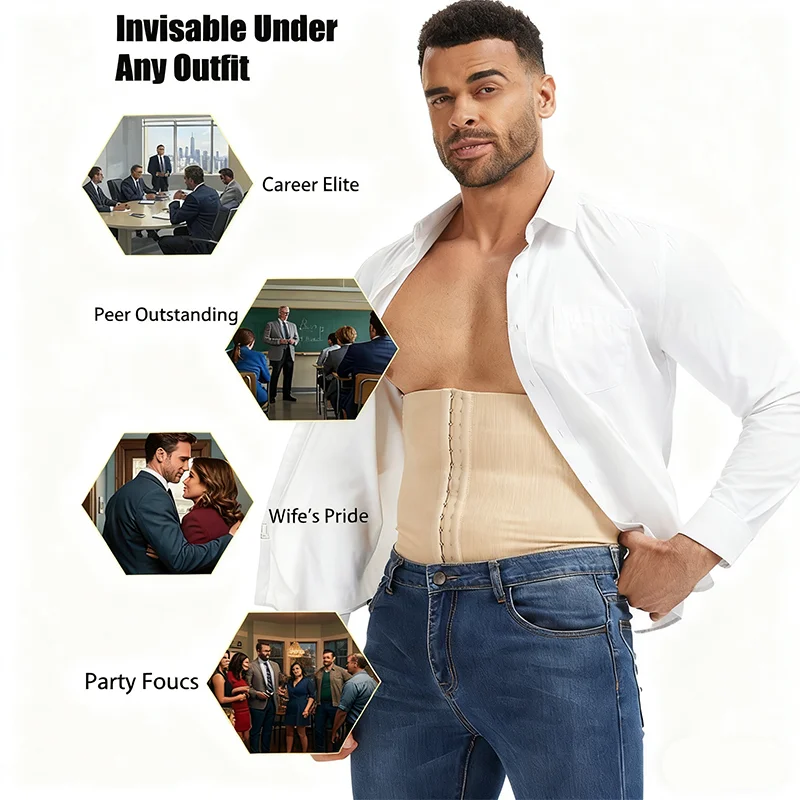 Men's High Stretch Ribbed Belt Shapewear Waist Trainer Tummy Control 6-Cartilage Back Support Fajas Breathable Comprssion Corset